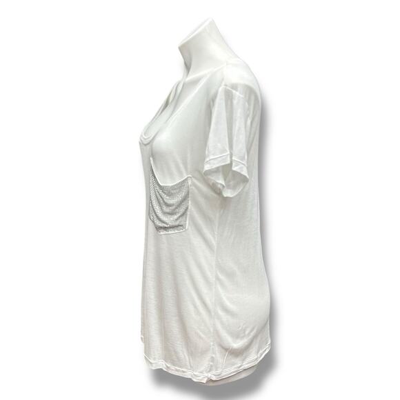 Y2K Express T Shirts 2 Sheer Embellished Pockets Black White Studded Sequins M - Picture 6 of 16